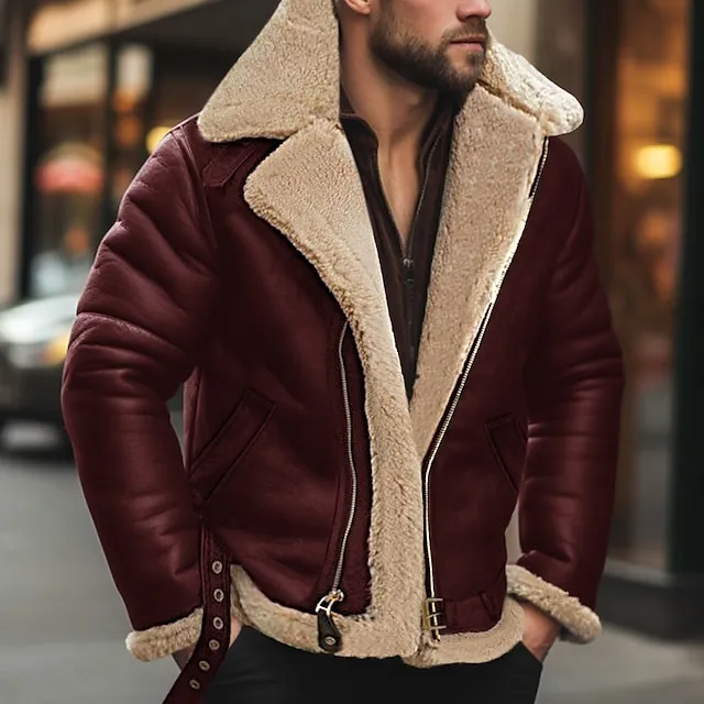 Men’s Winter Jacket Fleece Jacket Sherpa Jacket Outdoor Daily Wear Warm Fall Winter Plain Fashion Streetwear Lapel Regular Black Navy Blue Red & White Green Coffee Jacket ec33a4f68bf74f162a11aceb94e1bc71