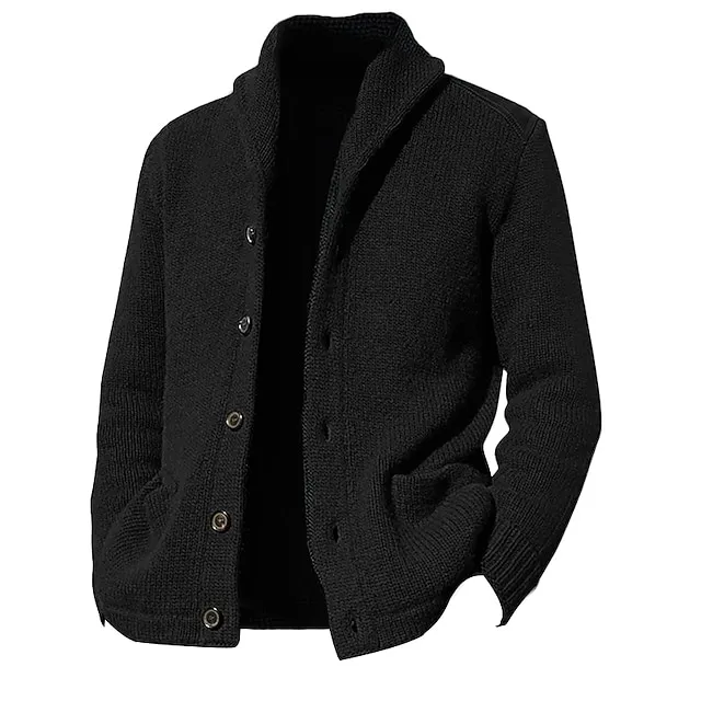 Men’s Cardigan Sweater Cropped Sweater Knit Sweater Ribbed Knit Regular Button Up Plain Shawl Collar Warm Ups Modern Contemporary Casual Daily Wear Clothing Apparel Fall Winter Black Blue M L XL 193f6f8244d081ea51196f711a306826