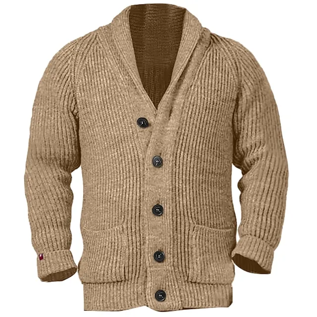 Men’s Cardigan Sweater Cropped Sweater Knit Sweater Ribbed Knit Regular Button Up Plain Shawl Collar Warm Ups Modern Contemporary Casual Daily Wear Clothing Apparel Fall Winter Black Brown M L XL 3e02cf81c4656d7d4d7a26a142f13509