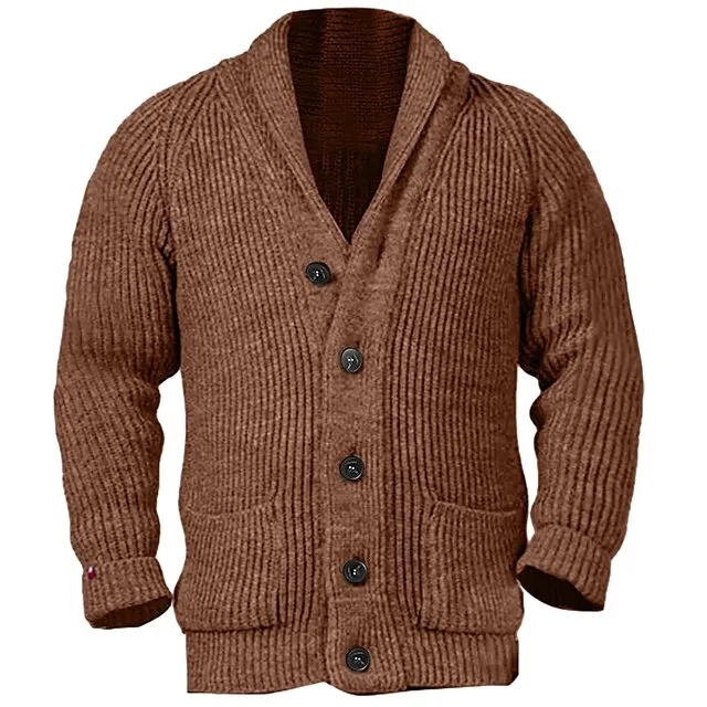 Men’s Cardigan Sweater Cropped Sweater Knit Sweater Ribbed Knit Regular Button Up Plain Shawl Collar Warm Ups Modern Contemporary Casual Daily Wear Clothing Apparel Fall Winter Black Brown M L XL 66ebe89adf1f9dc14357622f1a3b6c60