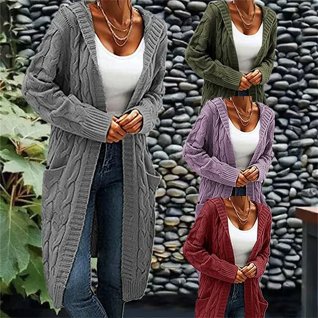 Women’s Cardigan Hooded Cable Knit Polyester Pocket Knitted Fall Winter Regular Outdoor Daily Going out Fashion Streetwear Casual Long Sleeve Solid Color Wine Army Green Purple S M L 07a0a9d71b8017ea989b5b303b274083