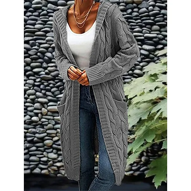 Women’s Cardigan Hooded Cable Knit Polyester Pocket Knitted Fall Winter Regular Outdoor Daily Going out Fashion Streetwear Casual Long Sleeve Solid Color Wine Army Green Purple S M L 122454e5ed22b57a9a58f98e636883bf