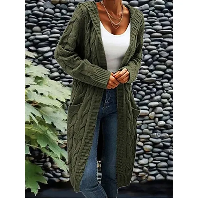 Women’s Cardigan Hooded Cable Knit Polyester Pocket Knitted Fall Winter Regular Outdoor Daily Going out Fashion Streetwear Casual Long Sleeve Solid Color Wine Army Green Purple S M L 3bdc7855f95e8044e9a43b00290094a6