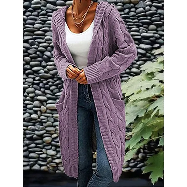 Women’s Cardigan Hooded Cable Knit Polyester Pocket Knitted Fall Winter Regular Outdoor Daily Going out Fashion Streetwear Casual Long Sleeve Solid Color Wine Army Green Purple S M L 54d271662589ea9a32865169d7b0fb53