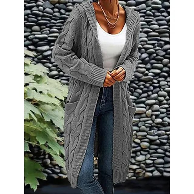 Women’s Cardigan Hooded Cable Knit Polyester Pocket Knitted Fall Winter Regular Outdoor Daily Going out Fashion Streetwear Casual Long Sleeve Solid Color Wine Army Green Purple S M L 5fccd293ab9dc5da6e80ba71ee32a4bb