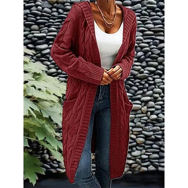 Women’s Cardigan Hooded Cable Knit Polyester Pocket Knitted Fall Winter Regular Outdoor Daily Going out Fashion Streetwear Casual Long Sleeve Solid Color Wine Army Green Purple S M L a4bb7c1a2e0376c41b8d4040d8fc2296