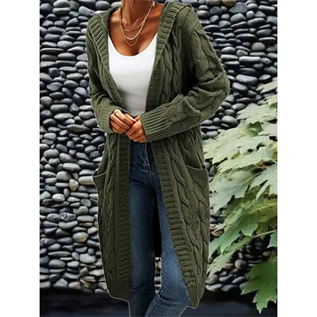 Women’s Cardigan Hooded Cable Knit Polyester Pocket Knitted Fall Winter Regular Outdoor Daily Going out Fashion Streetwear Casual Long Sleeve Solid Color Wine Army Green Purple S M L c3cc0d70e758ba94f200cfcfd920712b