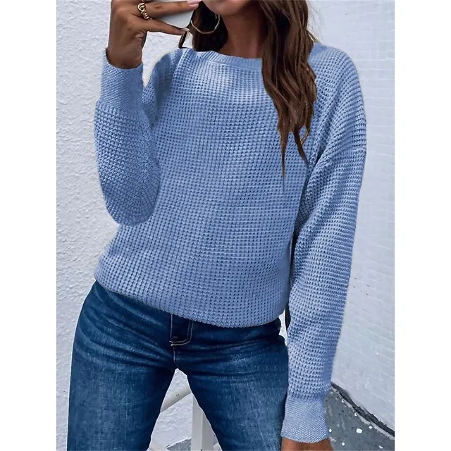 Women's Pullover Sweater Jumper Crew Neck Waffle Knit Acrylic Oversized Fall Winter Regular Outdoor Daily Going out Stylish Casual Soft Long Sleeve Solid Color Black White Blue S M L