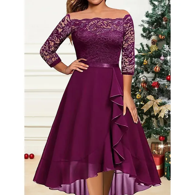 Women's Prom Dress Party Dress Lace Dress Midi Dress Pink Purple Dark Blue Long Sleeve Pure Color Lace Spring Fall Winter Off Shoulder Fashion Winter Dress Wedding Guest Birthday S M L XL XXL