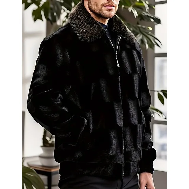 Men’s Winter Jacket Faux Fur Outdoor Daily Wear Warm Fall Winter Plain Fashion Streetwear Lapel Regular Black Jacket 4db369dd0272cc8e234cb49ec519ada2