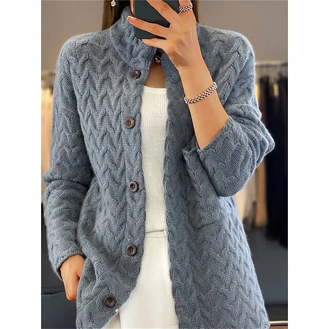 Women's Cardigan Stand Collar Cable Knit Acrylic Button Knitted Fall Winter Regular Outdoor Daily Going out Vintage Fashion Casual Long Sleeve Solid Color Blue Camel Beige S M L