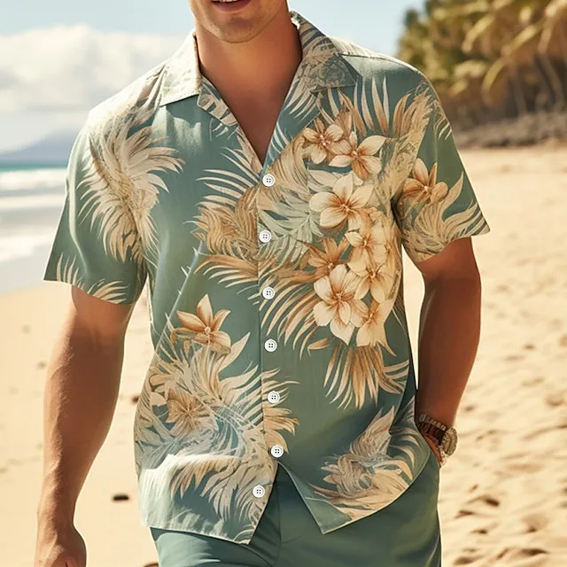 Floral Hawaiian Casual Men's Shirt Outdoor Street Casual Daily Fall Cuban Collar Short Sleeve Blue S M L Shirt