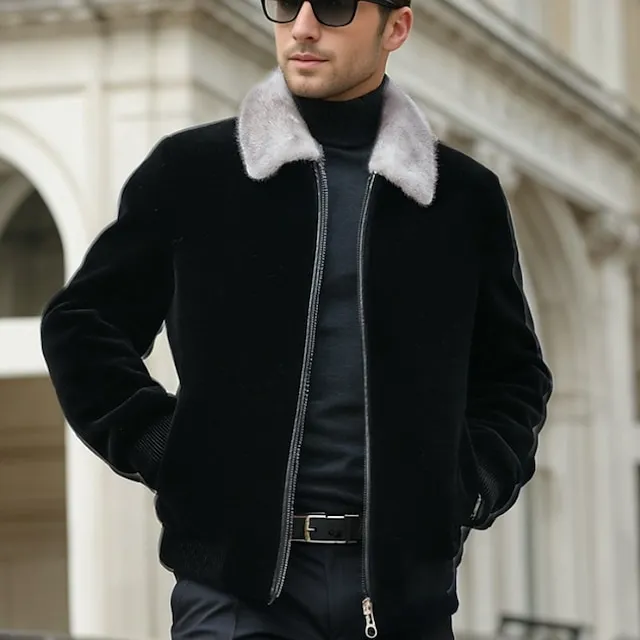 Men's Winter Jacket Faux Fur Outdoor Daily Wear Warm Pocket with White Trim Winter Plain Fashion Streetwear Lapel Regular Black Jacket