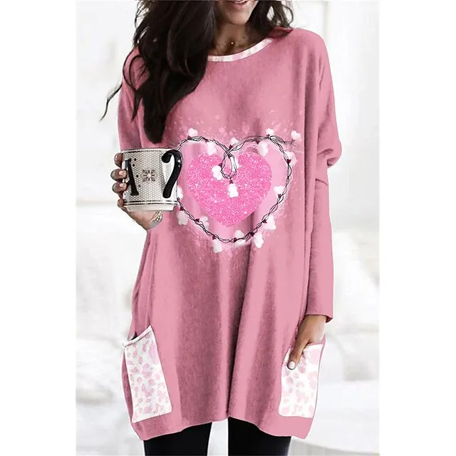 Women's T shirt Tee Heart Leopard Daily Weekend White Pink Pocket Print Long Sleeve Fashion Round Neck Regular Fit Spring & Fall