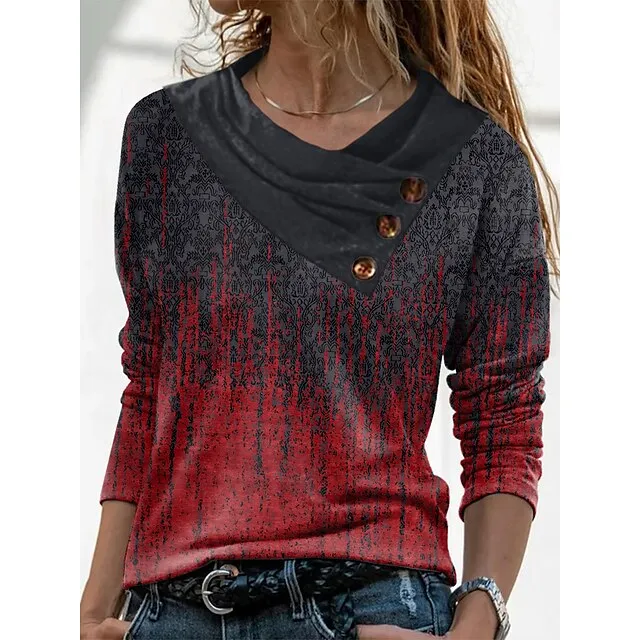 Women's T shirt Tee Graphic Daily Weekend Yellow Red Blue Button Print Long Sleeve Fashion V Neck Regular Fit Spring & Fall