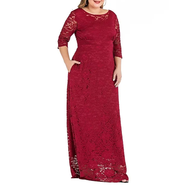 Women’s Plus Size Prom Dress Party Dress Lace Dress Long Dress Maxi Dress Black Red Dark Blue 3/4 Length Sleeve Plain Lace Summer Spring Fall Crew Neck Elegant Wedding Guest Birthday Evening Party XL 2538840bb3fd3d23cd921b115d0f9541