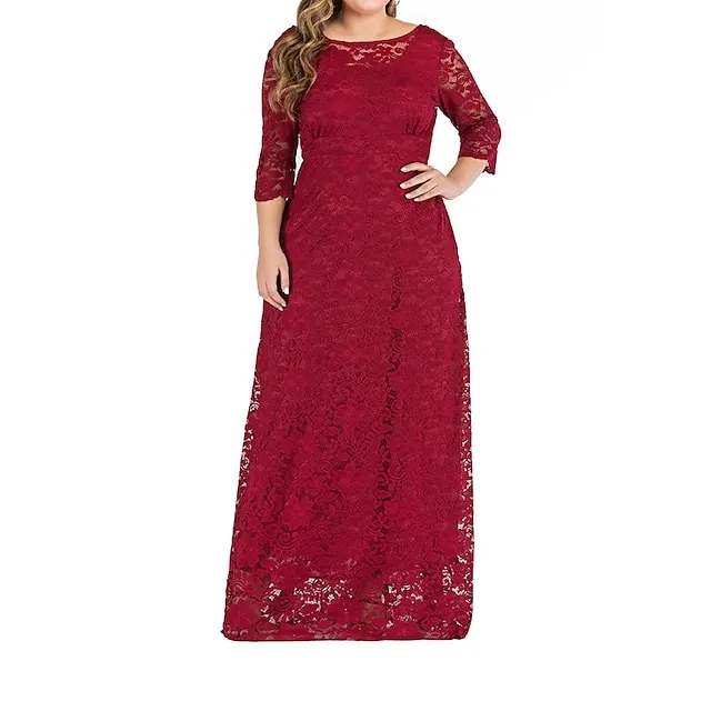 Women’s Plus Size Prom Dress Party Dress Lace Dress Long Dress Maxi Dress Black Red Dark Blue 3/4 Length Sleeve Plain Lace Summer Spring Fall Crew Neck Elegant Wedding Guest Birthday Evening Party XL 45afc300ce53d7381f834d55004e4f54