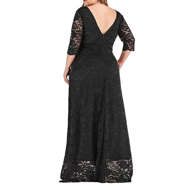 Women’s Plus Size Prom Dress Party Dress Lace Dress Long Dress Maxi Dress Black Red Dark Blue 3/4 Length Sleeve Plain Lace Summer Spring Fall Crew Neck Elegant Wedding Guest Birthday Evening Party XL 4b1b0b3ece3a80aa492c50bce2bd0c80