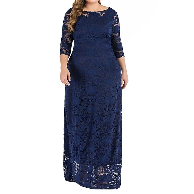 Women’s Plus Size Prom Dress Party Dress Lace Dress Long Dress Maxi Dress Black Red Dark Blue 3/4 Length Sleeve Plain Lace Summer Spring Fall Crew Neck Elegant Wedding Guest Birthday Evening Party XL 564fa0ea037efad3877dcca8e92ecc11