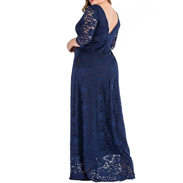 Women’s Plus Size Prom Dress Party Dress Lace Dress Long Dress Maxi Dress Black Red Dark Blue 3/4 Length Sleeve Plain Lace Summer Spring Fall Crew Neck Elegant Wedding Guest Birthday Evening Party XL 5f5cf62877c75a4f28ac21efa38e2105