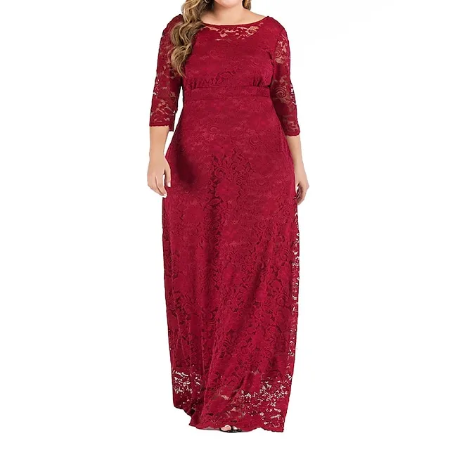 Women’s Plus Size Prom Dress Party Dress Lace Dress Long Dress Maxi Dress Black Red Dark Blue 3/4 Length Sleeve Plain Lace Summer Spring Fall Crew Neck Elegant Wedding Guest Birthday Evening Party XL 9bed16448a6aee124b0d9407de8eb333
