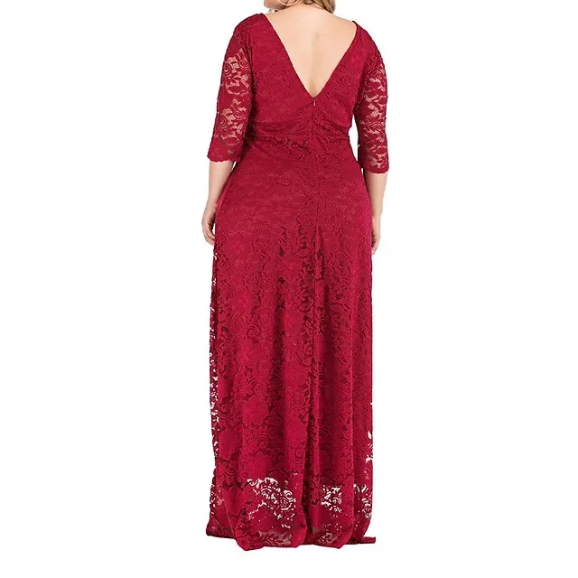 Women’s Plus Size Prom Dress Party Dress Lace Dress Long Dress Maxi Dress Black Red Dark Blue 3/4 Length Sleeve Plain Lace Summer Spring Fall Crew Neck Elegant Wedding Guest Birthday Evening Party XL ac10d07ec318daea797bae272a2c7360
