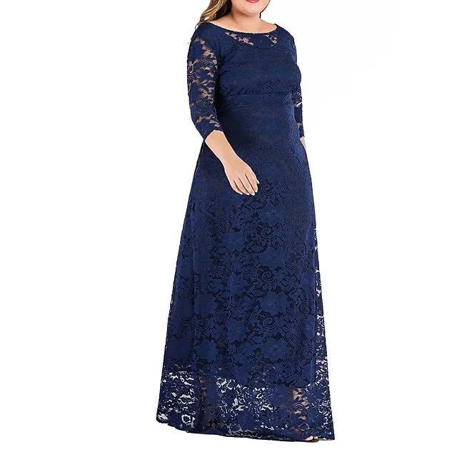 Women’s Plus Size Prom Dress Party Dress Lace Dress Long Dress Maxi Dress Black Red Dark Blue 3/4 Length Sleeve Plain Lace Summer Spring Fall Crew Neck Elegant Wedding Guest Birthday Evening Party XL d1d9293c8fe49cda221e1185861b2fa6