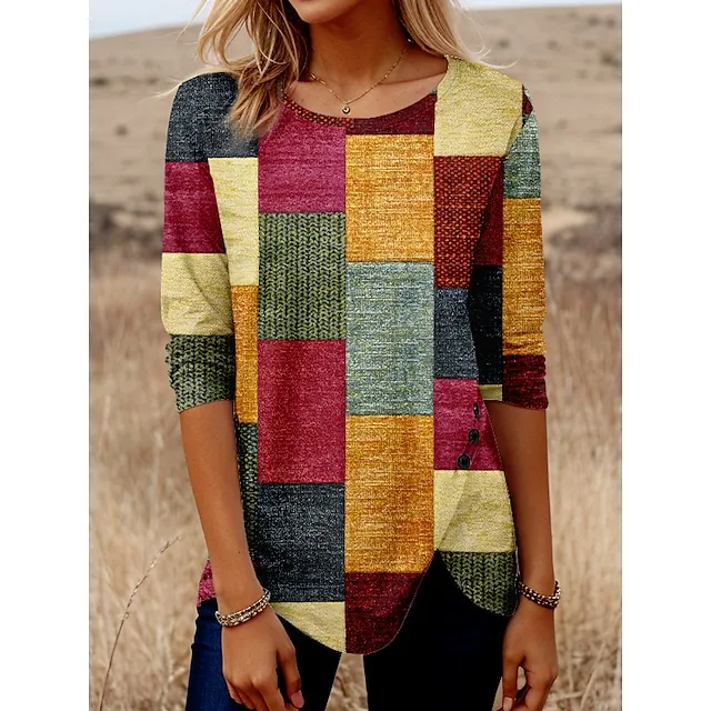 Women's T shirt Tee Plaid Daily Weekend Yellow Blue Orange Button Print Long Sleeve Fashion Round Neck Regular Fit Spring & Fall